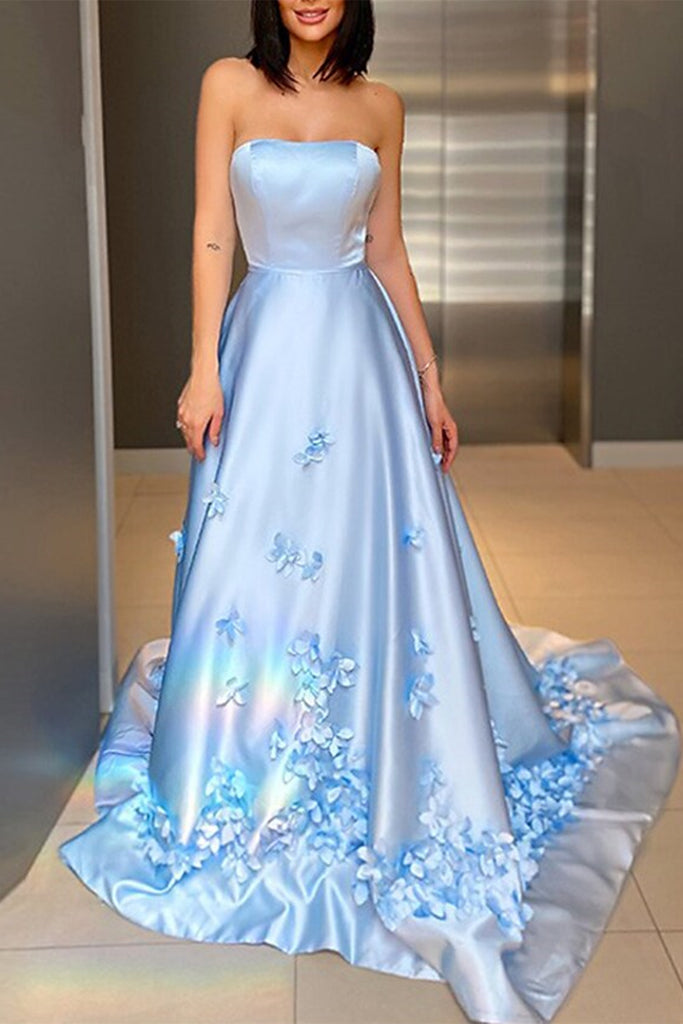 Strapless Open Back Light Blue Satin Long Prom Dress with Flowers, Light Blue Floral Formal Graduation Evening Dress A1429