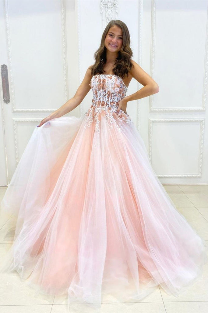 Strapless Pink Lace Floral Long Prom Dress, Pink Lace Formal Dress, Pink Floral Evening Dress A1358