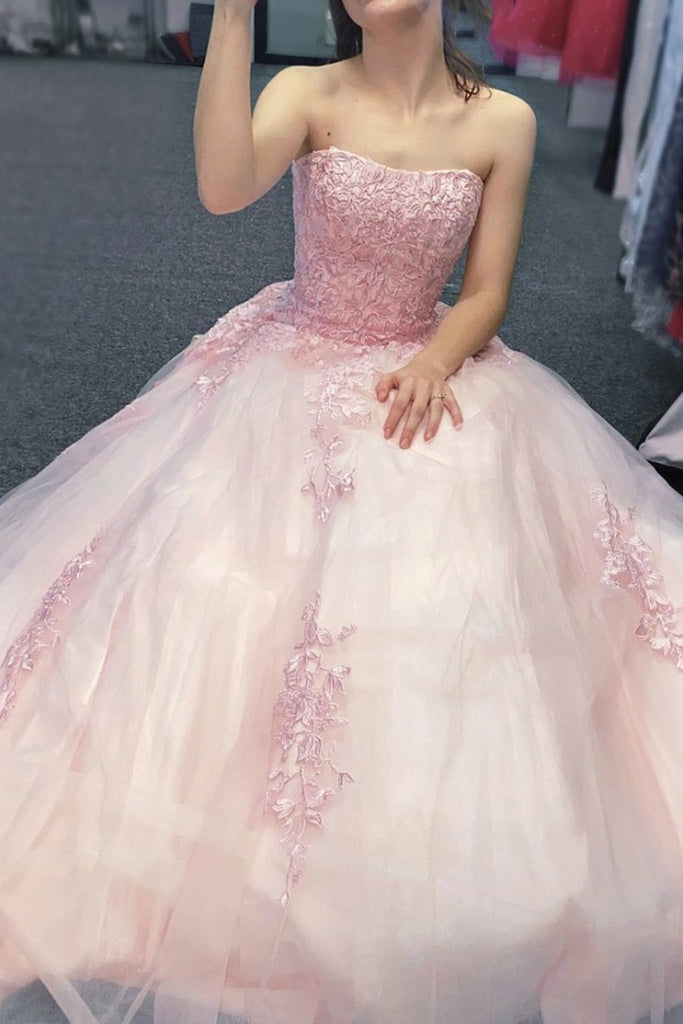Strapless Pink Lace Long Prom Dress, Pink Lace Formal Dress, Pink Evening Dress A1271