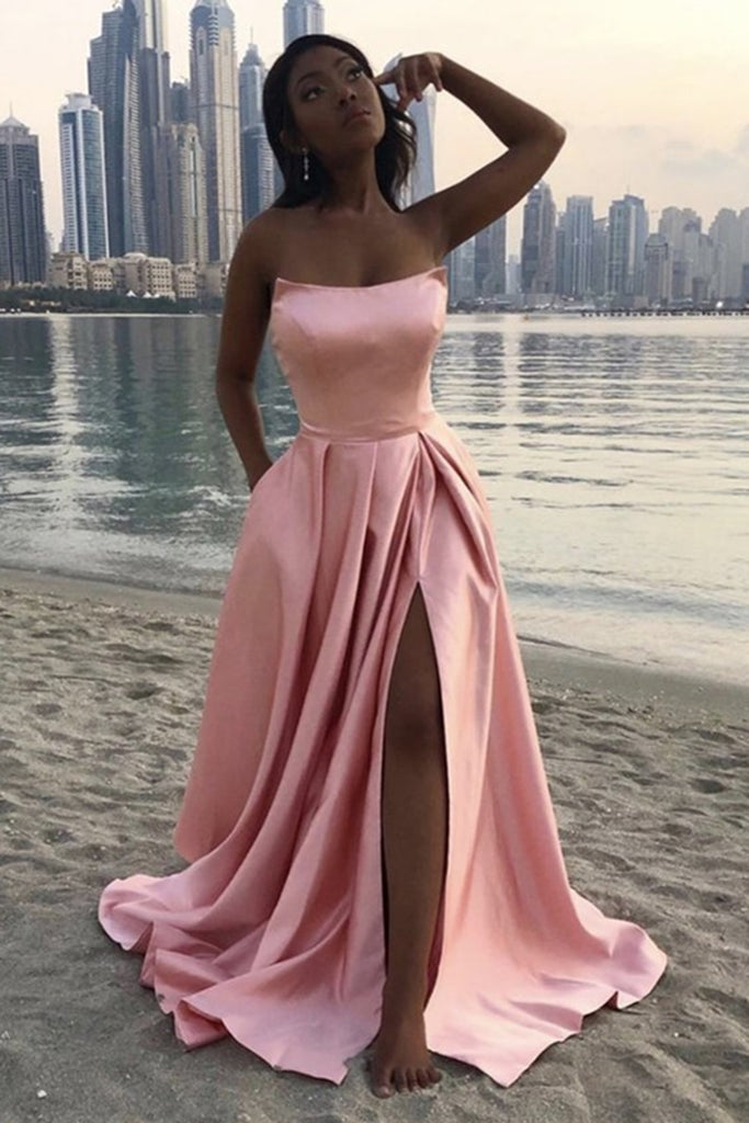 Strapless Pink Satin Long Prom Dress with High Slit, Simple Pink Formal Graduation Evening Dress
