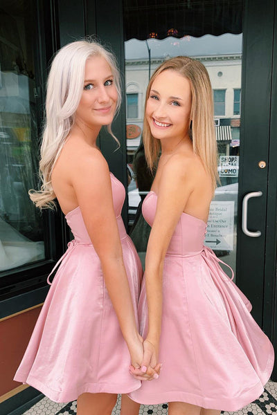 Strapless Pink Satin Short Prom Homecoming Dress, Pink Formal Graduation Evening Dress A1616