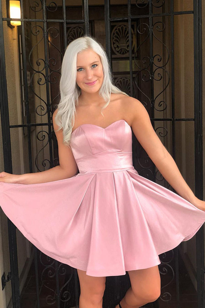 Strapless Pink Satin Short Prom Homecoming Dress, Pink Formal Graduati abcprom Strapless Pink Satin Short Prom Homecoming Dress, Pink Formal Graduati abcprom