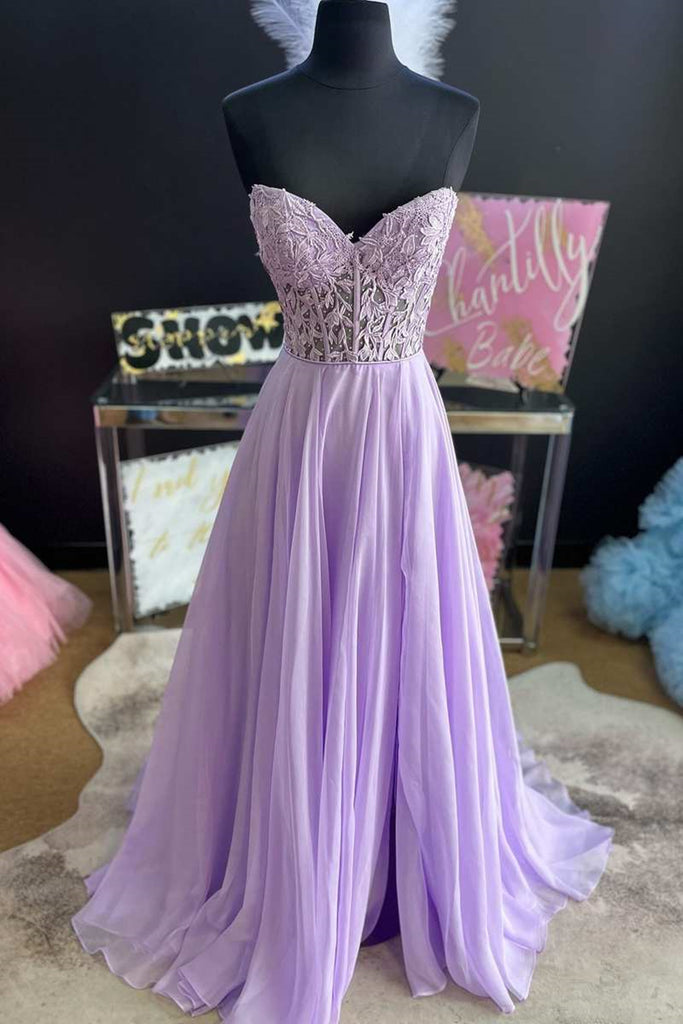 Strapless Purple Tulle Lace Long Prom Dress, Lavender Lace Formal Dress, Purple Evening Dress A1793