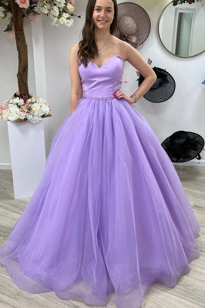 Purple Tulle Long A-Line Prom Dress, Purple Strapless Evening Party Dr