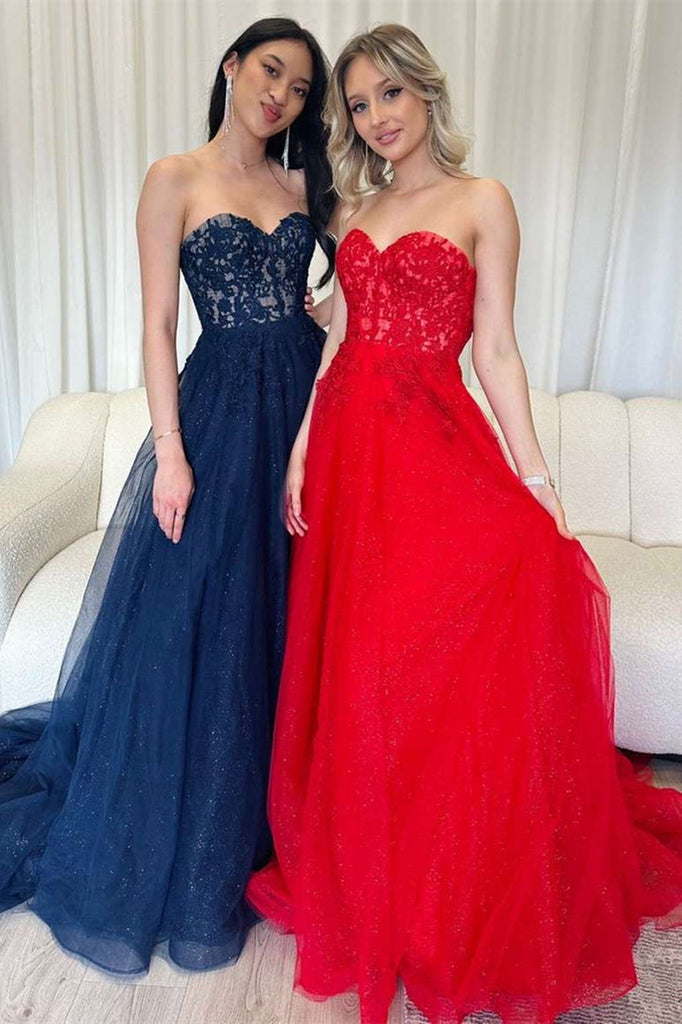 Strapless Red Lace Long Prom Dress, Sweetheart Neck Red Formal Dress