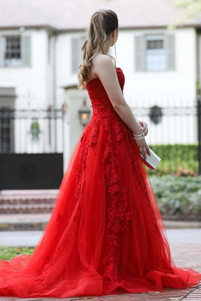 Strapless Red Lace Long Prom Dress with Train, Long Red Lace Formal Evening Dress