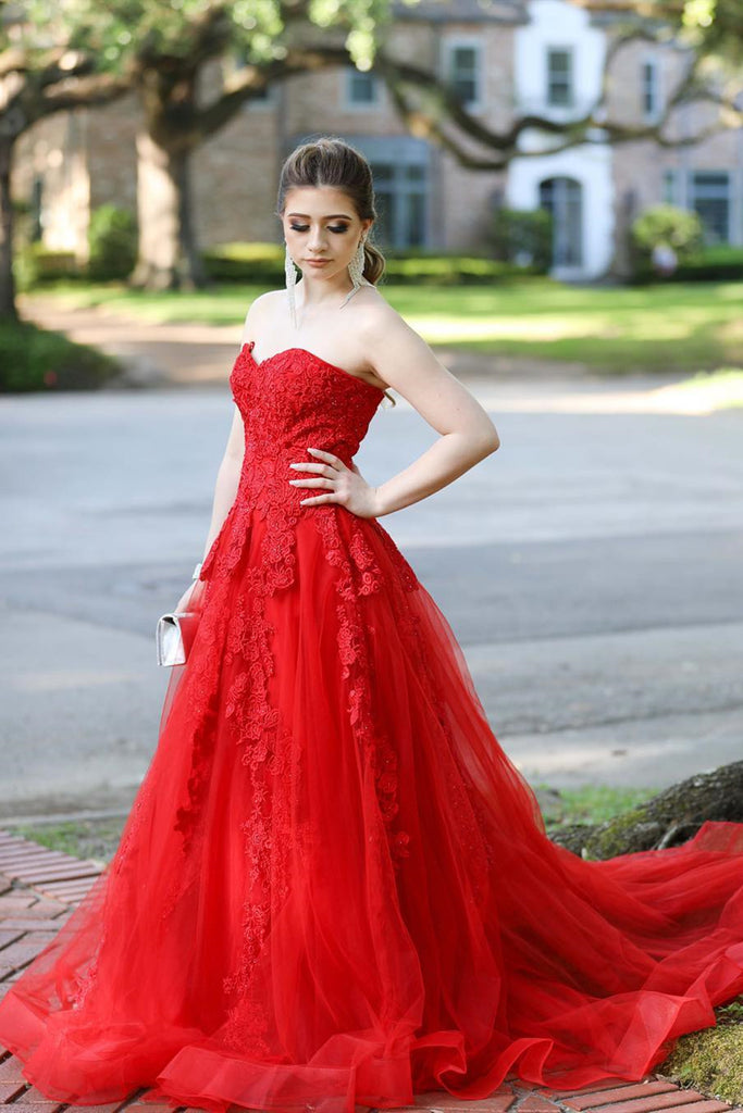 Strapless Red Lace Long Prom Dress with Train, Long Red Lace Formal Evening Dress