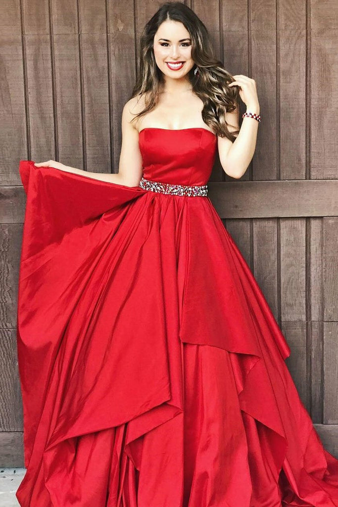 Strapless Red Satin Layered Long Prom Dress with Belt, Long Red Formal abcprom Strapless Red Satin Layered Long Prom Dress with Belt, Long Red Formal abcprom