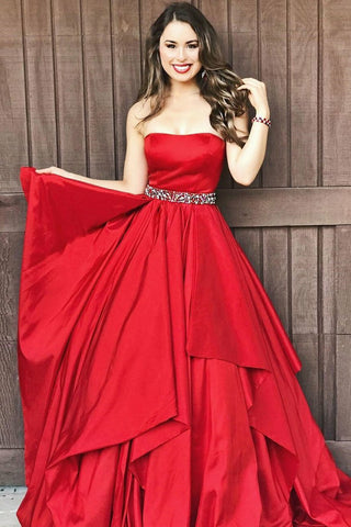 Strapless Red Satin Layered Long Prom Dress with Belt, Long Red Formal Graduation Evening Dress A1413