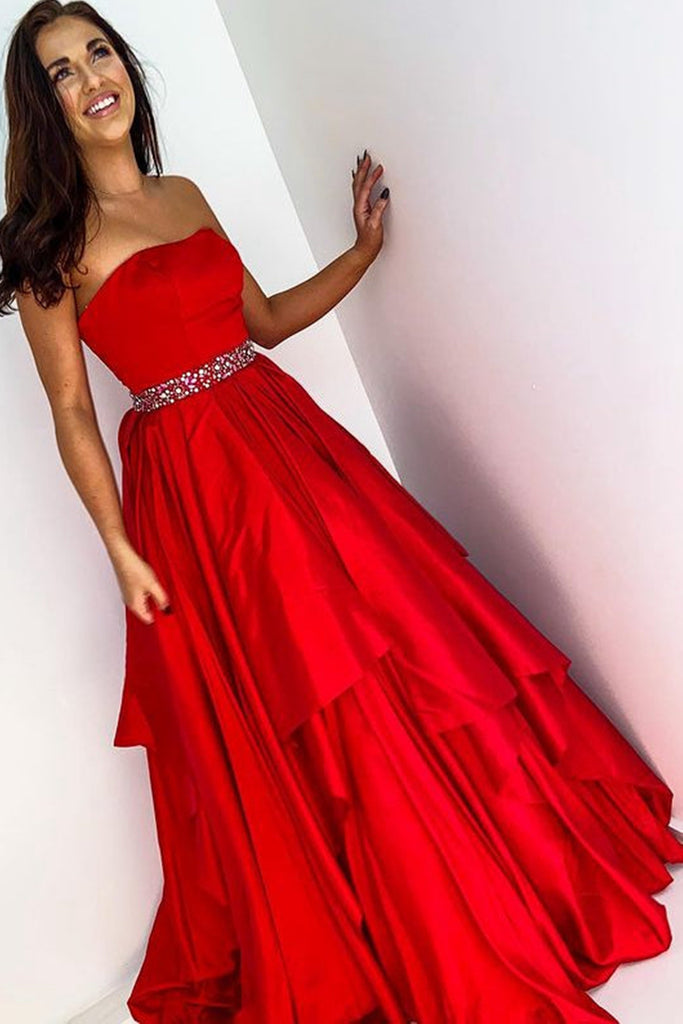Strapless Red Satin Layered Long Prom Dress with Belt, Long Red Formal abcprom Strapless Red Satin Layered Long Prom Dress with Belt, Long Red Formal abcprom