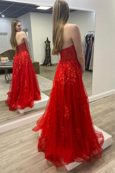 Strapless Red Tulle Long Prom Dress with Lace Appliques, Red Lace Formal Dress, Long Red Evening Dress A1588