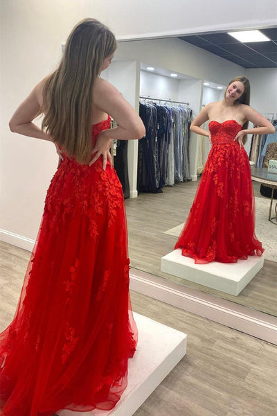 Strapless Red Tulle Long Prom Dress with Lace Appliques, Red Lace Formal Dress, Long Red Evening Dress A1588