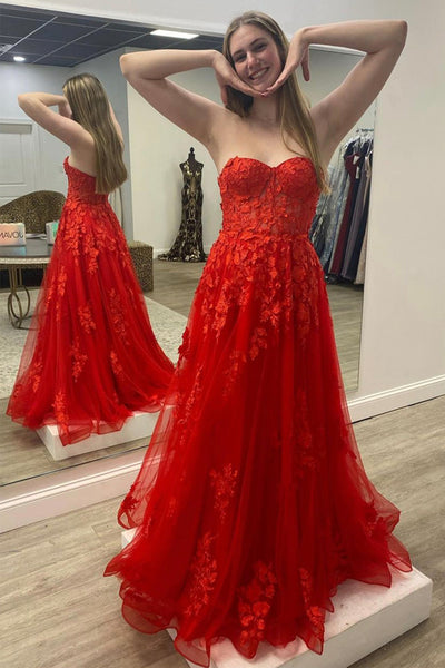 Strapless Red Tulle Long Prom Dress with Lace Appliques, Red Lace Formal Dress, Long Red Evening Dress A1588