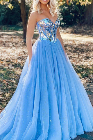 Strapless Shiny Sequins Blue Tulle Long Prom Dress, Long Blue Formal Dress, Sparkly Tulle Blue Evening Dress A1540