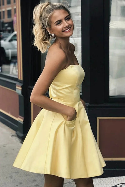 Strapless Short Yellow Prom Dress with Pockets, Short Yellow Formal Graduation Homecoming Dress