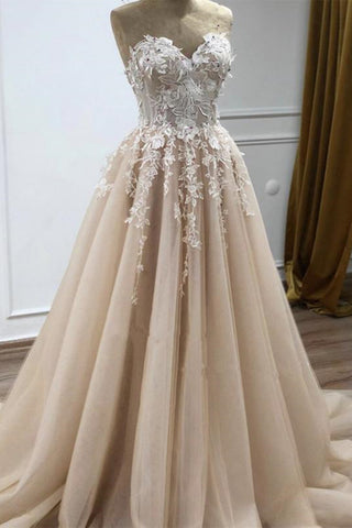 Strapless Sweetheart Neck Champagne Lace Appliques Long Prom Dress, Champagne Lace Floral Formal Evening Dress A1375