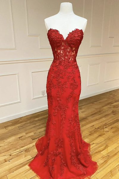 Strapless Sweetheart Neck Mermaid Red Lace Long Prom Dress, Mermaid Red Lace Formal Dress, Red Lace Evening Dress