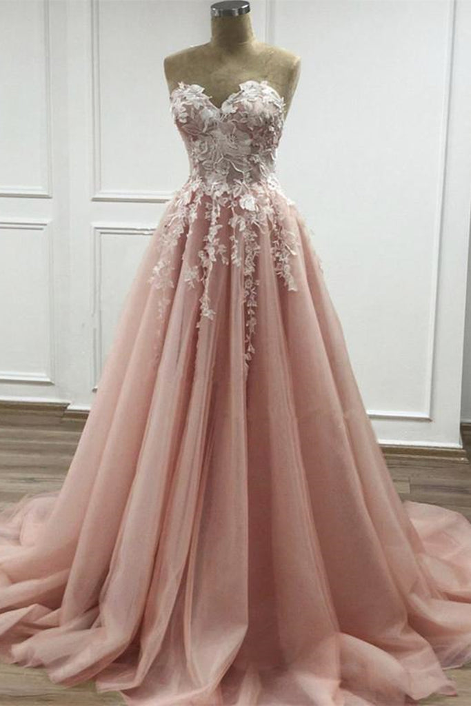 Strapless Sweetheart Neck Pink Lace Appliques Long Prom Dress, Pink Lace Floral Formal Dress, Pink Evening Dress A1363