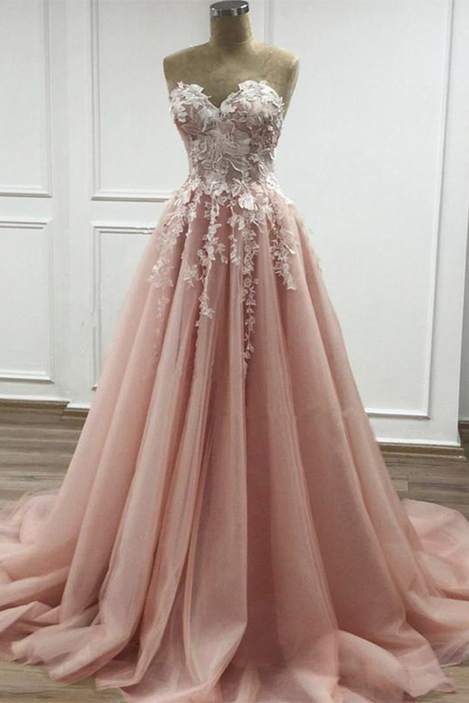 Strapless Sweetheart Neck Pink Lace Appliques Long Prom Dress, Pink La abcprom Strapless Sweetheart Neck Pink Lace Appliques Long Prom Dress, Pink La abcprom