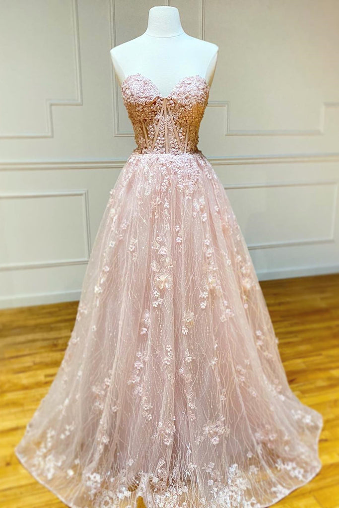 Strapless Sweetheart Neck Pink Lace Long Prom Dress, Pink Lace Formal Graduation Evening Dress