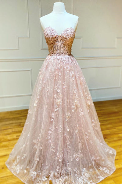 Strapless Sweetheart Neck Pink Lace Long Prom Dress, Pink Lace Formal Graduation Evening Dress
