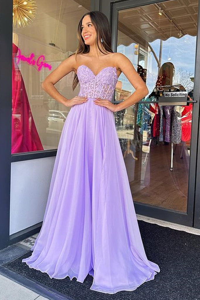 Strapless Sweetheart Neck Purple Lace Long Prom Dress, Lavender Lace F
