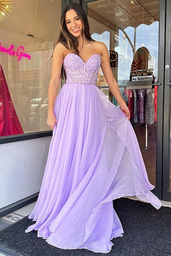 Strapless Sweetheart Neck Purple Lace Long Prom Dress, Lavender Lace F