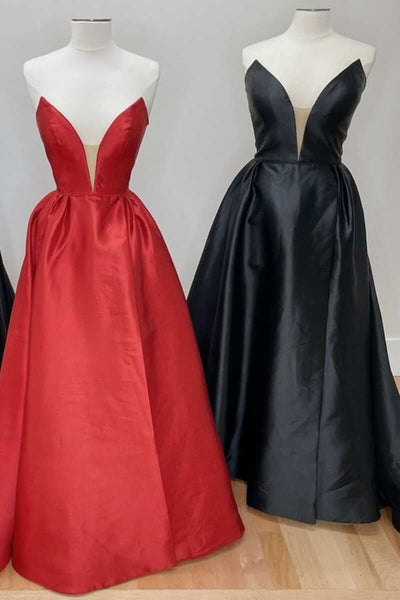 Strapless V Neck Open Back Red/Black Satin Long Prom Dress with High Slit, Red/Black Formal Graduation Evening Dress A1524