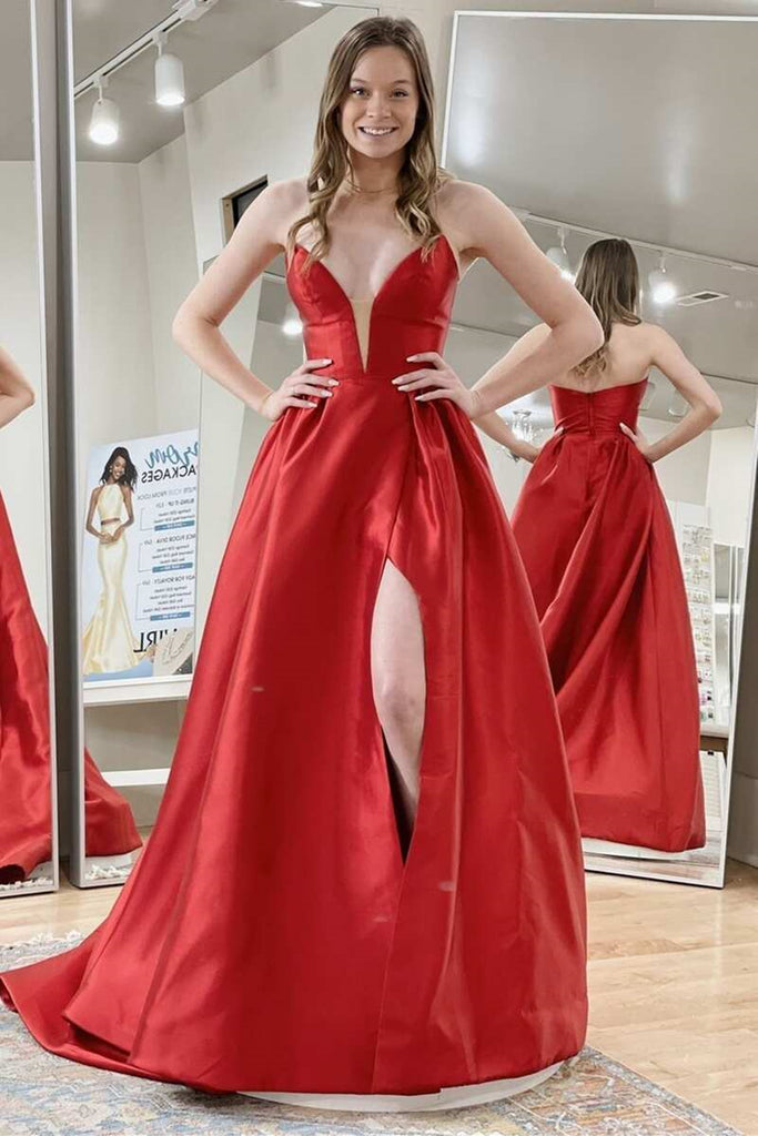 Strapless V Neck Open Back Red/Black Satin Long Prom Dress with High S abcprom Strapless V Neck Open Back Red/Black Satin Long Prom Dress with High S abcprom