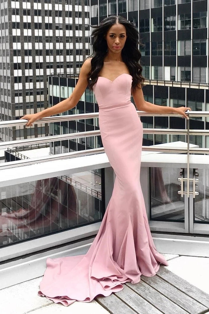 Strapless Mermaid Pink Long Prom Dress with Train, Mermaid Pink Formal Dress, Pink Evening Dress