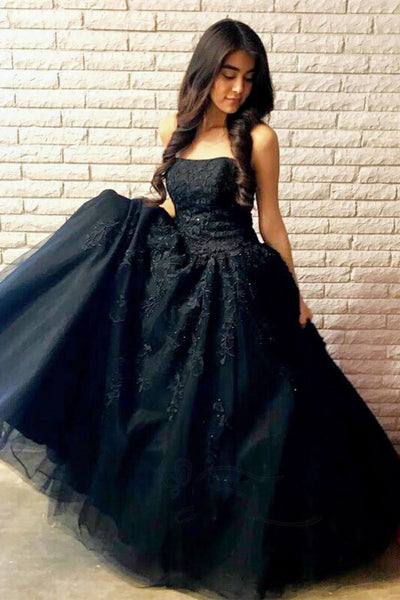 Strapless Open Back Black Lace Long Prom Dress, Backless Black Lace Fo