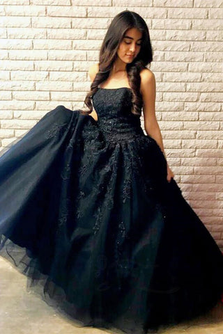 Strapless Open Back Black Lace Long Prom Dress, Backless Black Lace Formal Dress, Black Lace Evening Dress