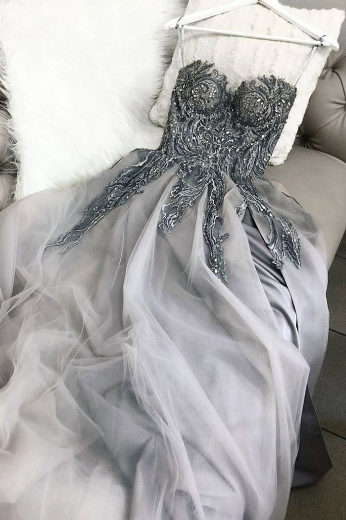 Strapless Sweetheart Neck Gray Lace Long Prom Dress, Strapless Gray Lace Formal Dress, Lace Gray Evening Dress