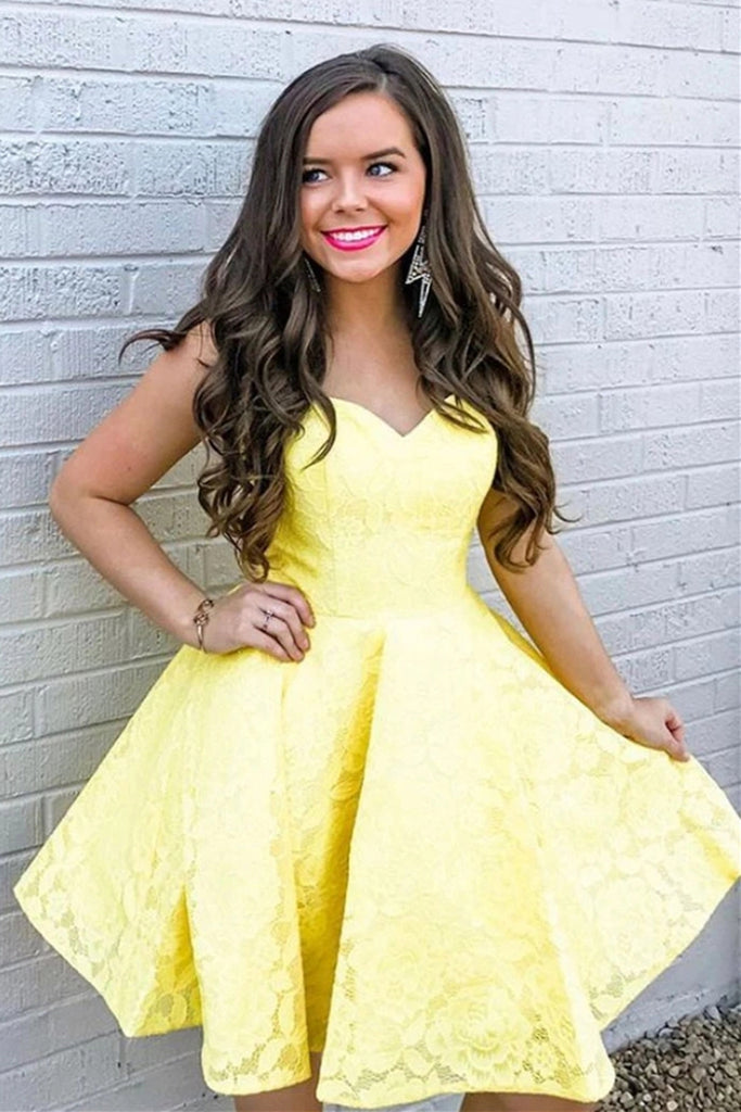 Strapless Yellow Lace Short Prom Dress Homecoming Dress, Lace Yellow F – abcprom Strapless Yellow Lace Short Prom Dress Homecoming Dress, Lace Yellow F – abcprom