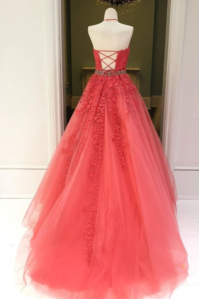 Stylish Backless Coral Lace Long Prom Dress, Coral Lace Formal Graduat –  abcprom