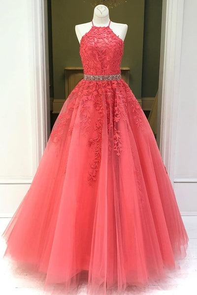 Stylish Backless Coral Lace Long Prom Dress, Coral Lace Formal Graduation Evening Dress