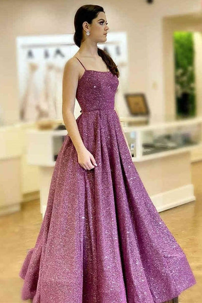 Stylish Backless Purple Sequins Long Prom Dress, Purple Long Formal Evening Dresses