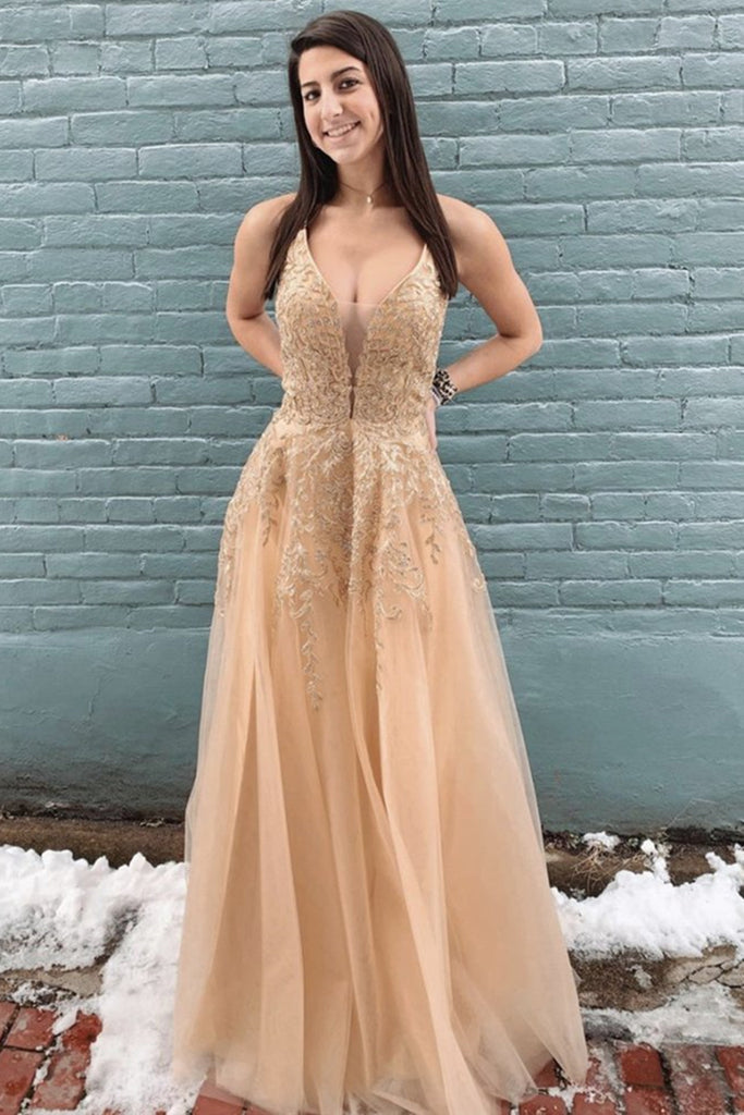 Stylish Deep V Neck Champagne Lace Long Prom Dress, Champagne Lace Formal Evening Dress