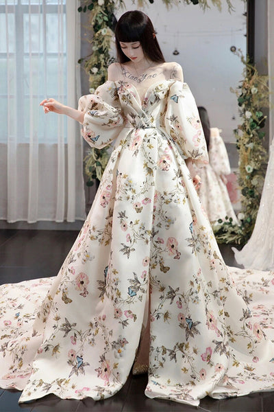 Stylish Long Sleeves Printed Pattern Long Prom Dress with High Slit, Long Formal Evening Dress A1580