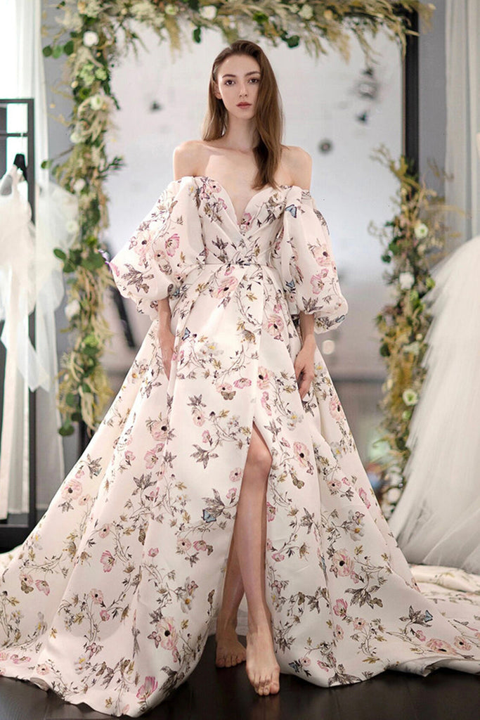 Stylish Long Sleeves Printed Pattern Long Prom Dress with High Slit, L abcprom Stylish Long Sleeves Printed Pattern Long Prom Dress with High Slit, L abcprom