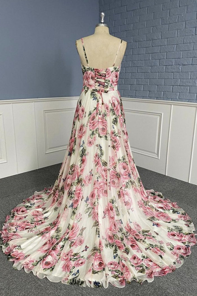 Stylish V Neck Backless Floral Pattern Long Prom Dress, V Neck Floral –  abcprom