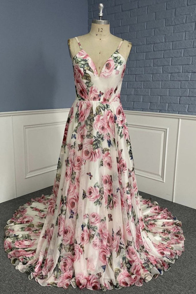 Stylish V Neck Backless Floral Pattern Long Prom Dress, V Neck Floral abcprom Stylish V Neck Backless Floral Pattern Long Prom Dress, V Neck Floral abcprom