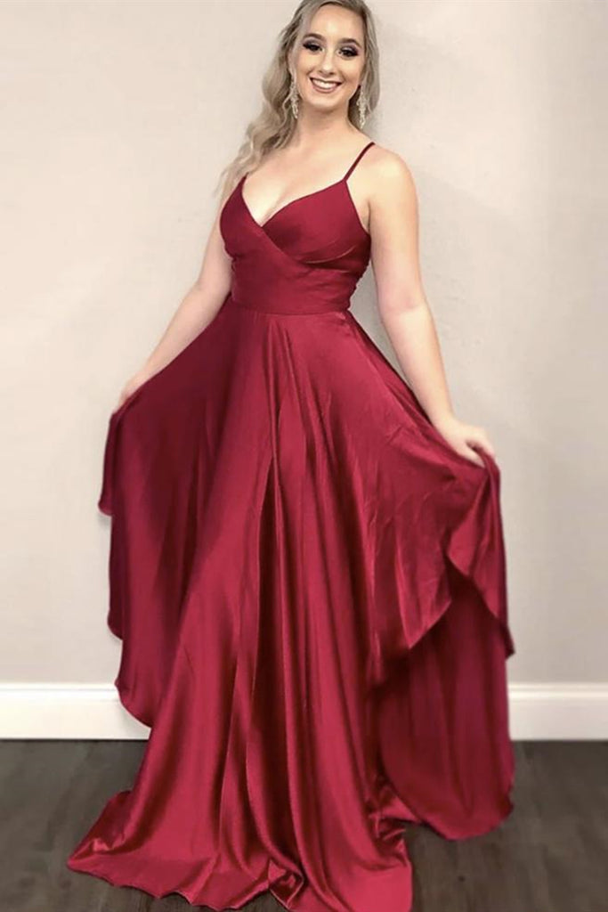 Stylish V Neck Burgundy Satin Long Prom Dress, V Neck Burgundy Formal Dress, Burgundy Evening Dress