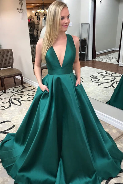 Stylish V Neck Green Satin Long Prom Dress with Pocket, Open Back Green Formal Evening Dress