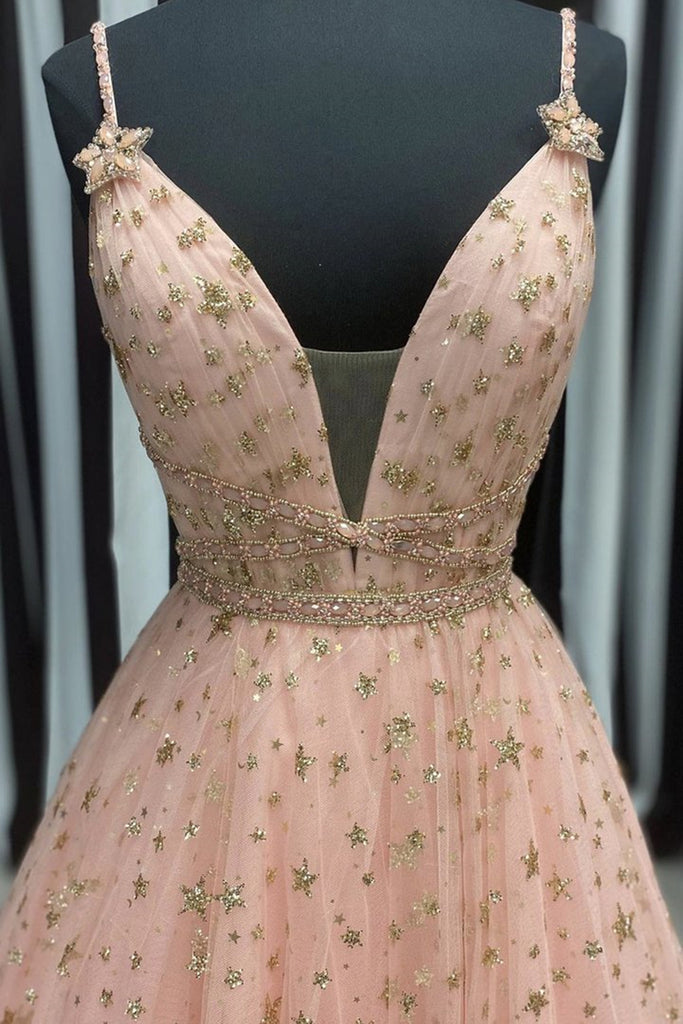 pink star prom dress Veaul 2026 Blushing Pink Star Prom Dresses 2021 A-Line Princess V-Neck Sleeveless Floor-Length Long