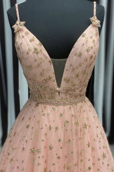 Stylish V Neck Pink Long Prom Dress with Stars Sequins, Long Pink Formal Evening Dress