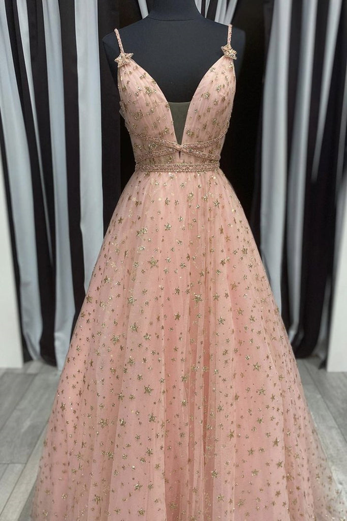 Stylish V Neck Pink Long Prom Dress with Stars Sequins, Long Pink Form abcprom Stylish V Neck Pink Long Prom Dress with Stars Sequins, Long Pink Form abcprom