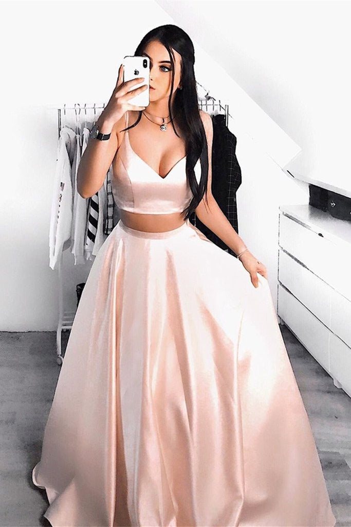 Stylish A Line V Neck Two Pieces Pink Prom Dress, Simple V Neck 2 Piec –  abcprom