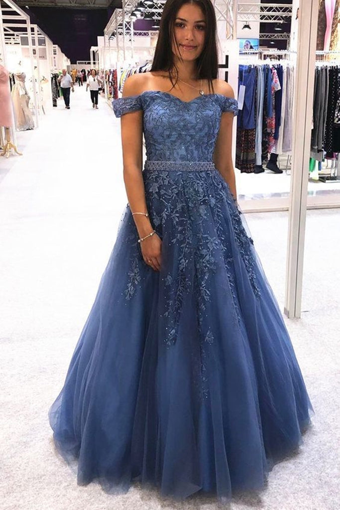 Stylish Off Shoulder Blue Lace Long Prom Dress 2020, Off the