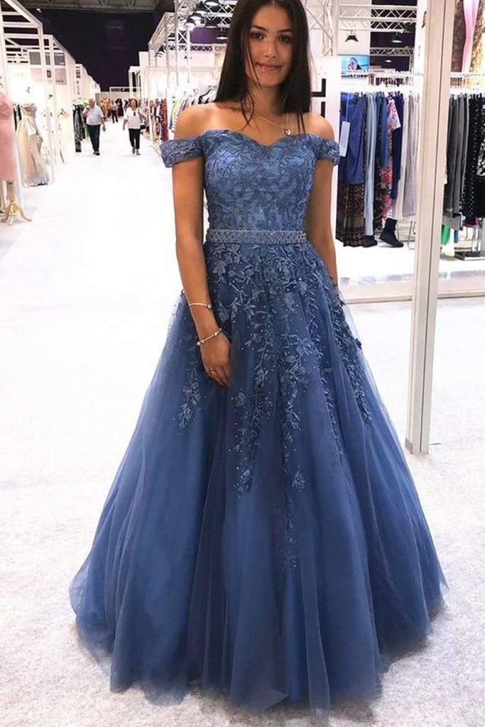 Stylish Off Shoulder Blue Lace Long Prom Dress 2020 Off the
